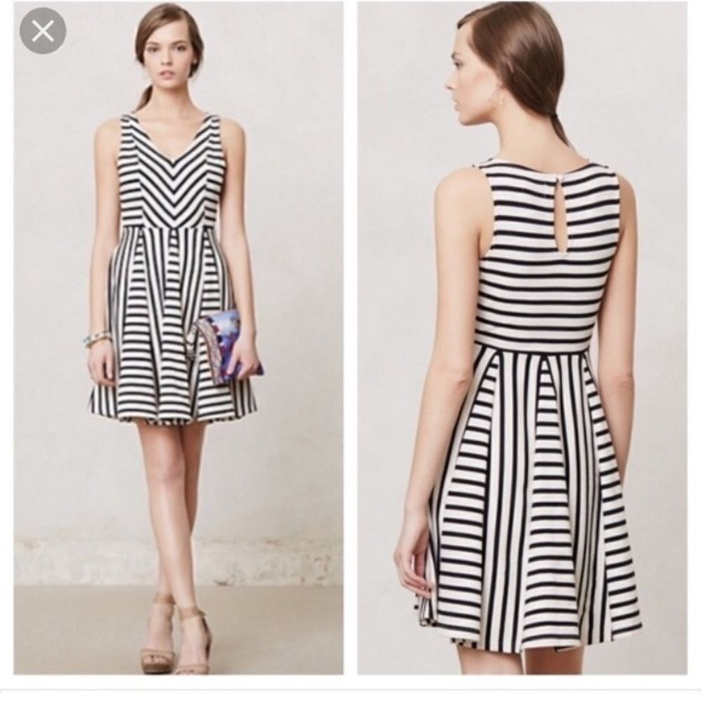 Anthropologie Saturday Sunday Striped Fit Flare Dress Black White V-Neck XS